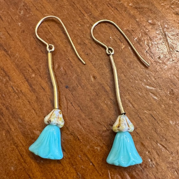 Natural Turquoise Tulip Dangle Earrings 14K Yellow Gold Filled - Picture 10 of 15